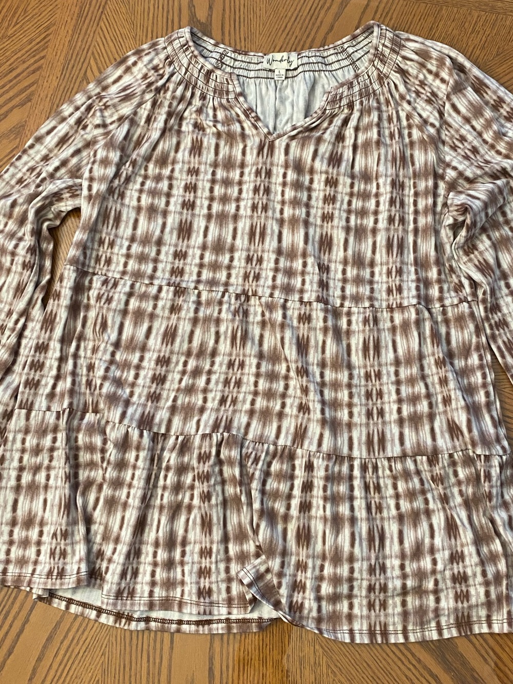 Wonderly Cream & Brown Tiered Tie-Dye Peasant Tunic